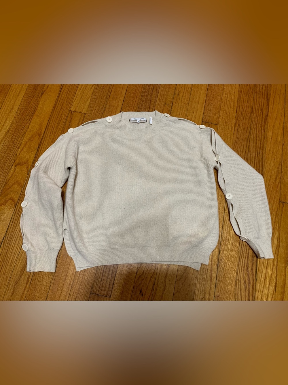 HELMUT LANG Cream Button Sleeve Cotton Cashmere  Cropped‎ Ridded Sweater M